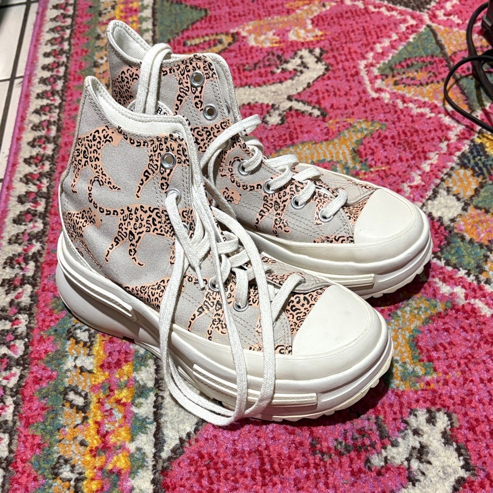 Converse Platform High-Top Sneakers in Cream Leopard Print